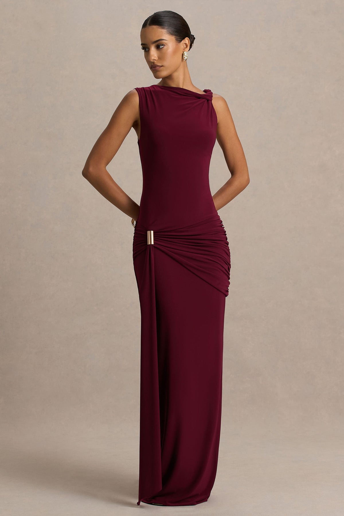 Decadence | Burgundy High-Neck Wrapped Maxi Dress With Twist-Sleeve