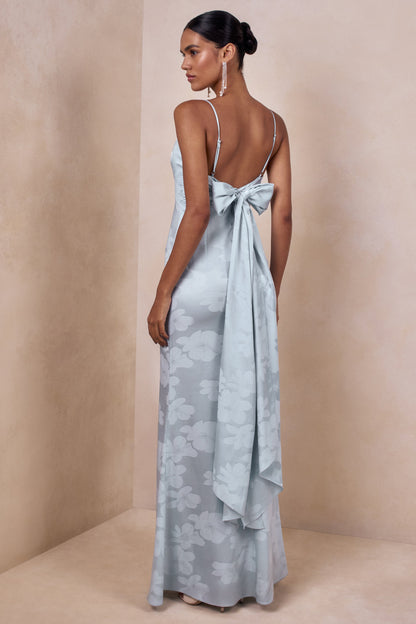 Carelle | Powder Blue Satin Plunge-Neck Maxi Dress With Asymmetric Drop-Waist