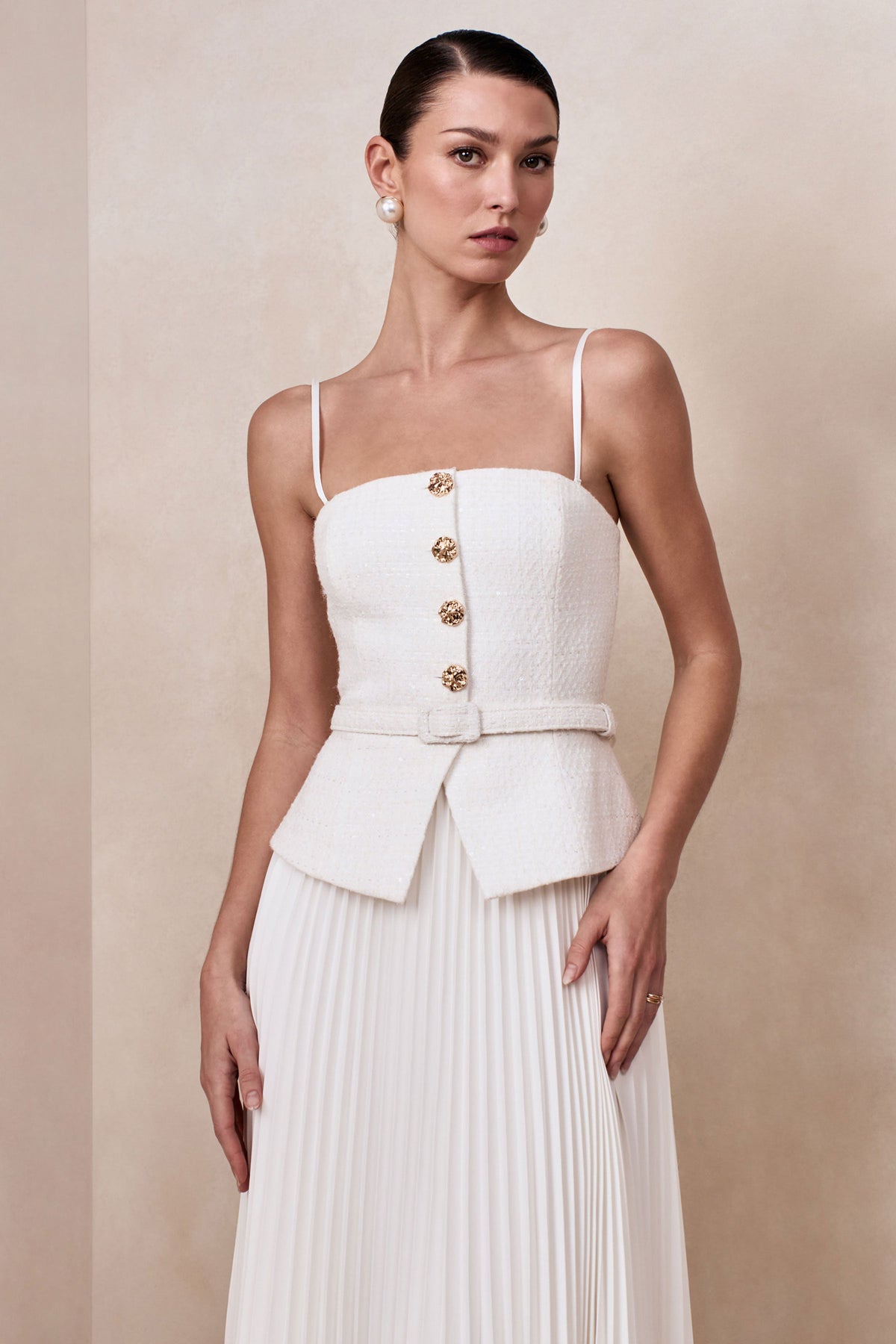 Lizzy | Cream Square-Neck Midi Dress With Pleated-Skirt