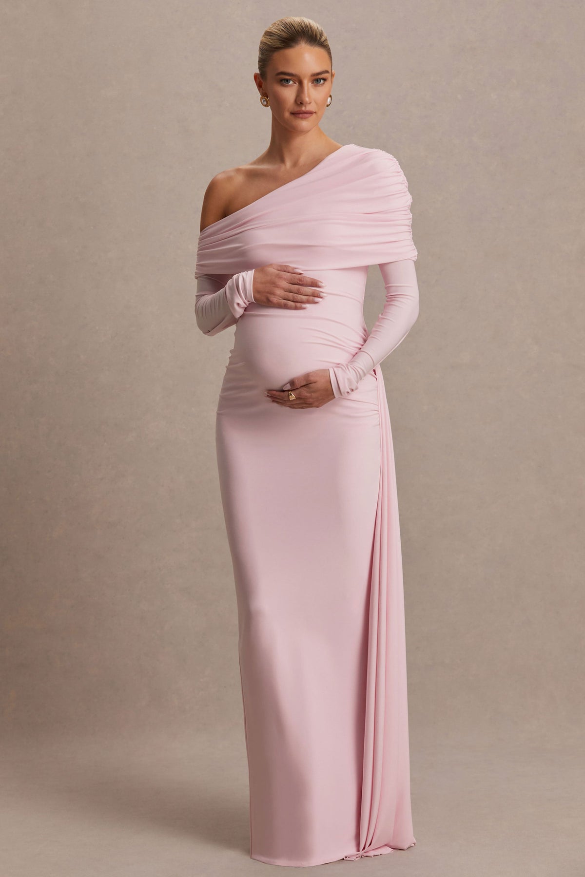 Amara | Blush Pink Asymmetric-Neck Maternity Maxi Dress With Sash Detail