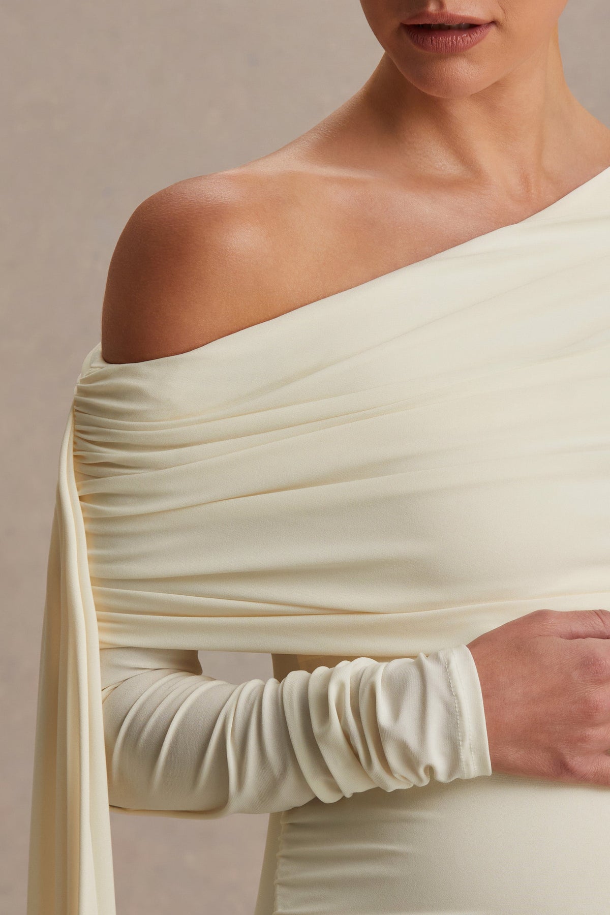 Cyra | Cream Asymmetric-Neck Maternity Maxi Dress With Sash