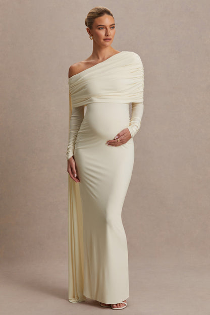 Cyra | Cream Asymmetric-Neck Maternity Maxi Dress With Sash