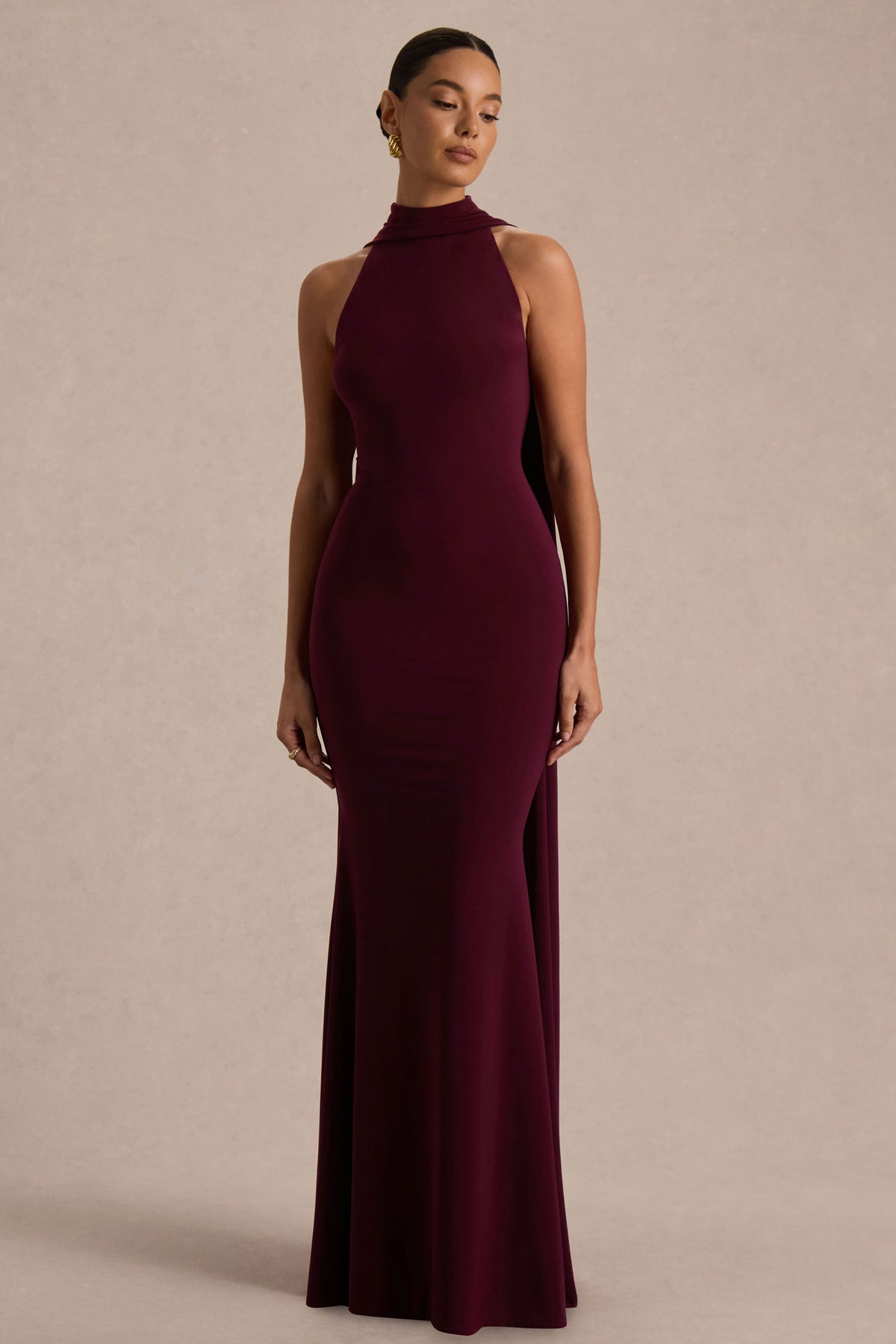Cordy | Burgundy High-Neck Maxi Dress With Scarf-Detail