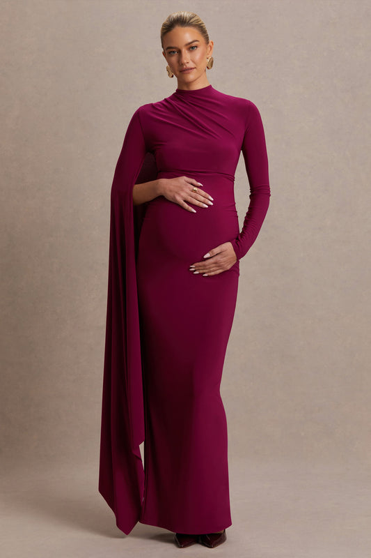 Lavinia | Berry High-Neck Maternity Maxi Dress With Cape-Sleeve