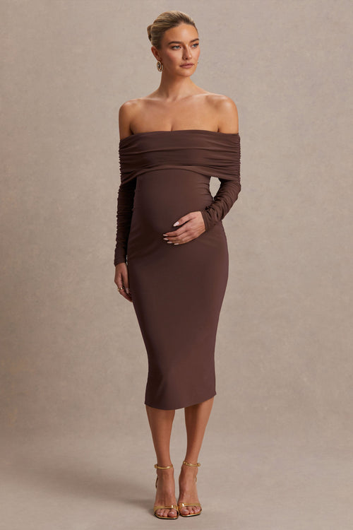Elspeth | Brown Bardot-Neck Maternity Midi Dress