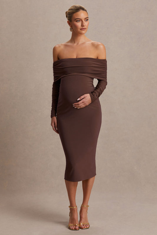 Elspeth | Brown Bardot-Neck Maternity Midi Dress