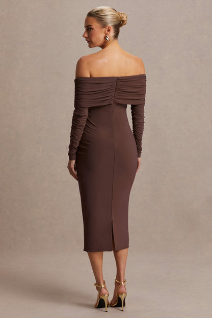 Elspeth | Brown Bardot-Neck Maternity Midi Dress