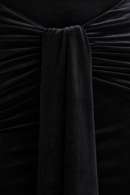 Idalina | Black Velvet High-Neck Maxi Dress With Gathered-Detailing