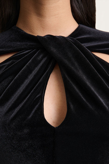 Francine | Black Velvet Round-Neck Midi Dress With Cut-Out Details
