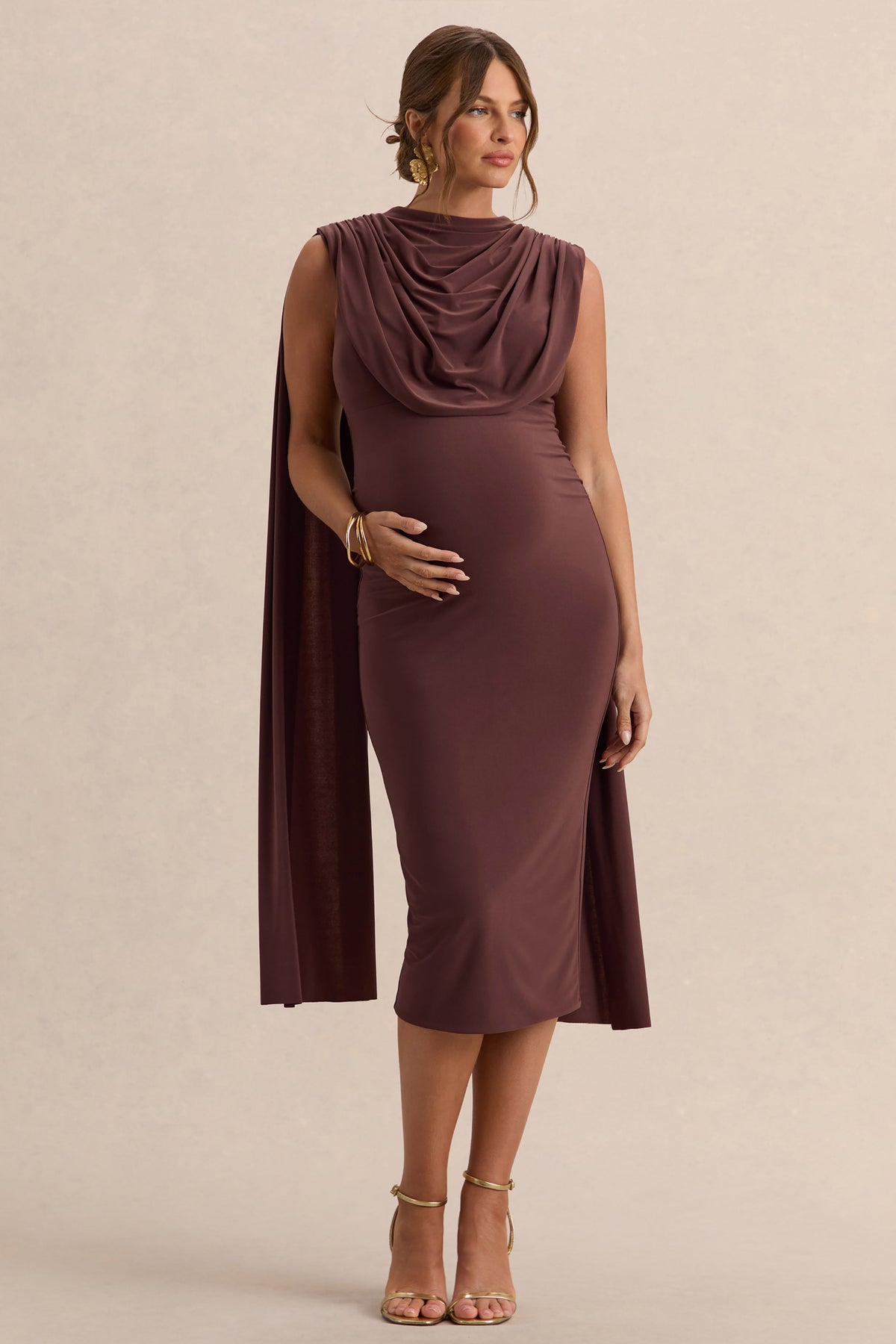 Milaine | Dark Brown Round-Neck Maternity Midi Dress With Cape Sleeves