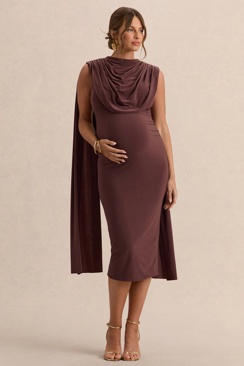 Milaine | Dark Brown Round-Neck Maternity Midi Dress With Cape Sleeves