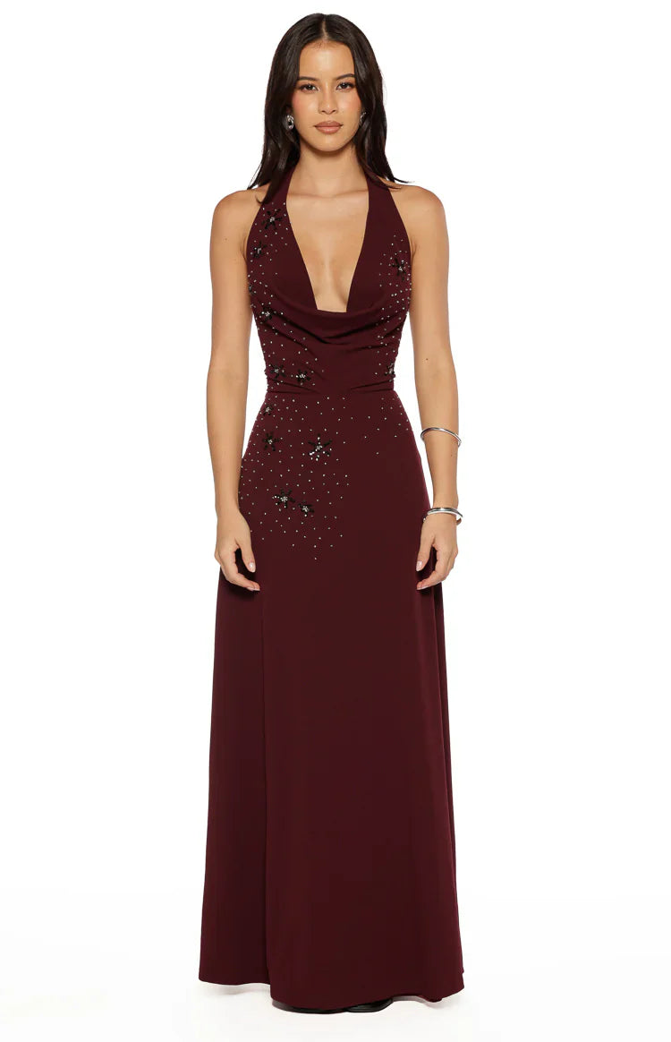Corey Burgundy Beaded Crepe Maxi Dress