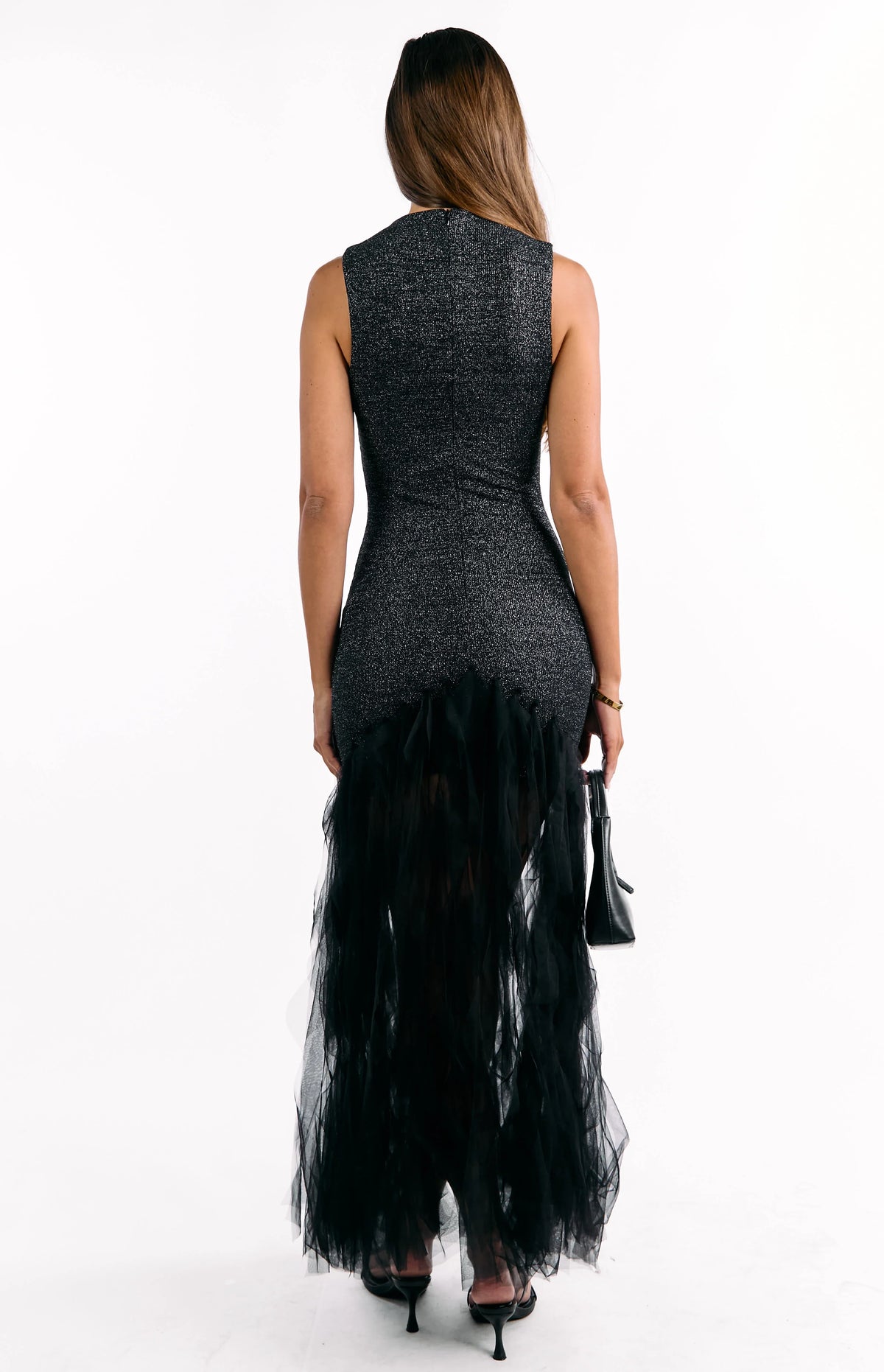 Courtni Black Sequin Ruffle Maxi Dress