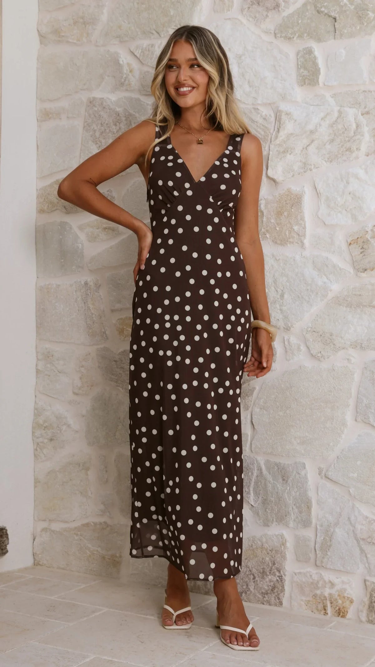 Cassara Maxi Dress - Chocolate / White Polka Dot