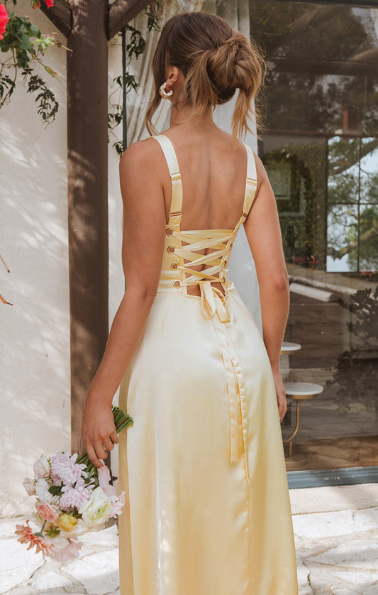 Clarissa Corset Dress ~ Pale Yellow Luxe Satin