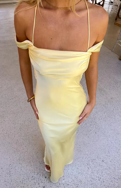 Danni Light Yellow Tie Off Shoulder Formal Maxi Dress