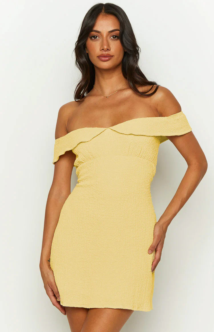 Daydreaming Yellow Off Shoulder Mini Dress