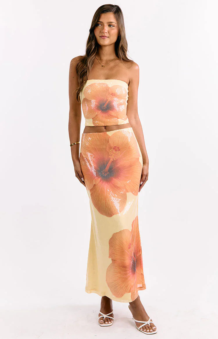 Denzel Yellow Floral Sequin Maxi Skirt