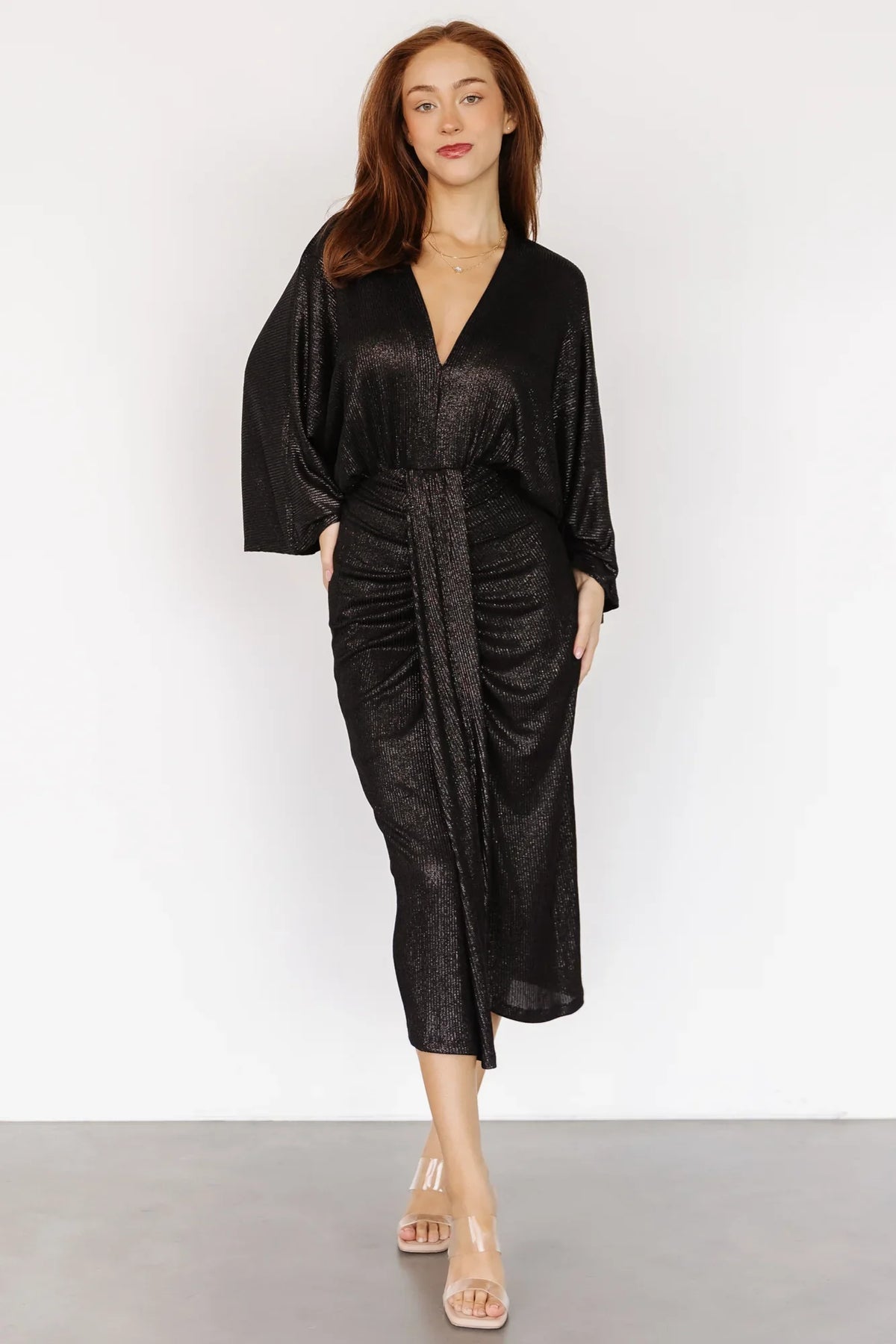 Ciara Ruched Midi Dress | Black Metallic