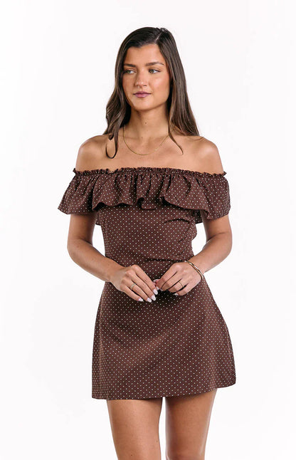 Haylie Brown Polka Dot Off Shoulder Mini Dress