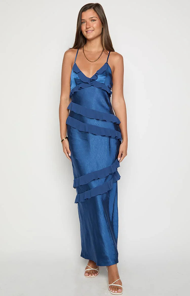 Inara Navy Ruffle Maxi Dress