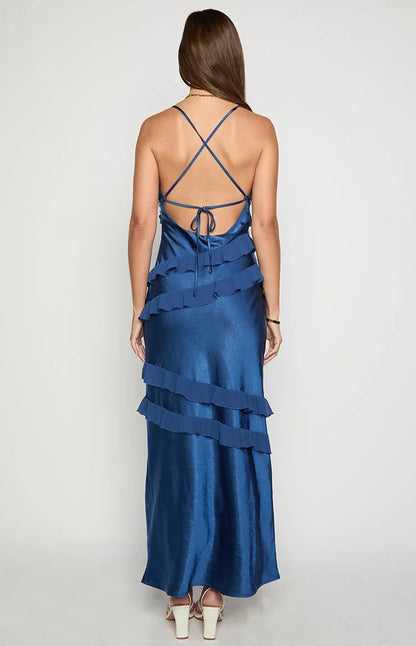 Inara Navy Ruffle Maxi Dress