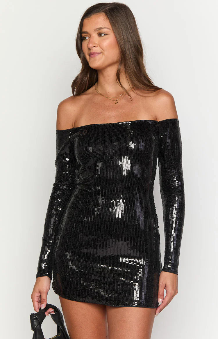 Jazmin Black Sequin Long Sleeve Mini Dress