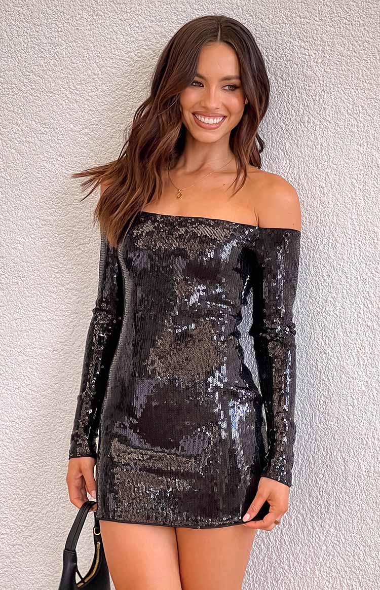 Jazmin Black Sequin Long Sleeve Mini Dress