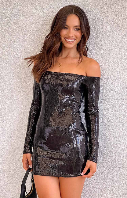 Jazmin Black Sequin Long Sleeve Mini Dress