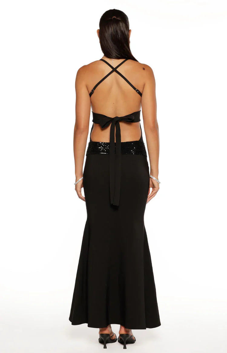 Kelcey Black Sequin Detail Formal Maxi Dress