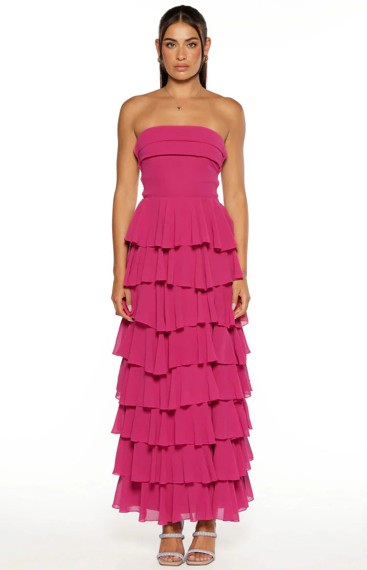Kim Fuchsia Strapless Ruffle Maxi Dress
