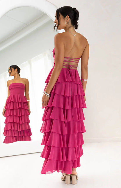 Kim Fuchsia Strapless Ruffle Maxi Dress