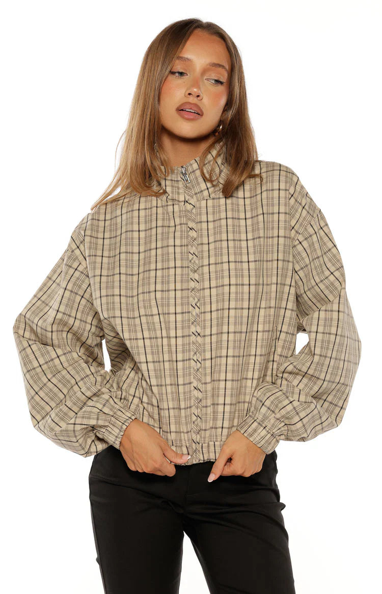 Lee Beige Plaid Funnel Neck Jacket