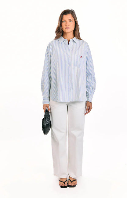 Lola Blue Stripe Embroidered Button Up Shirt