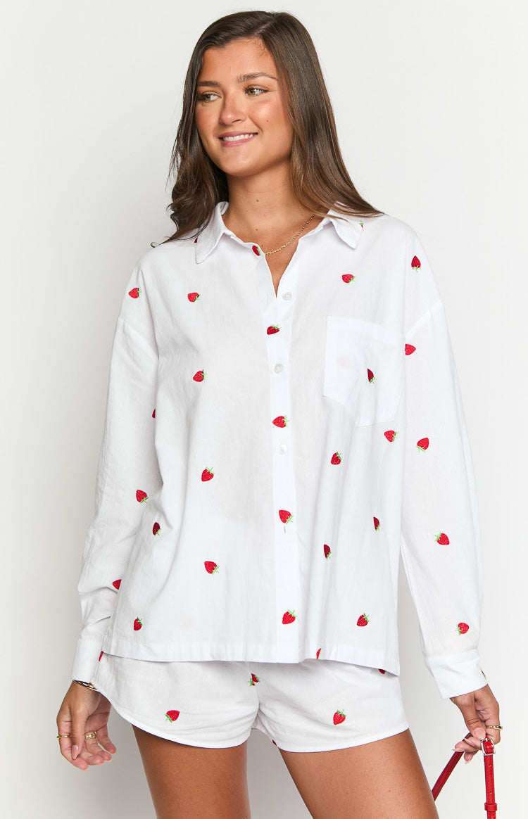 Margarita White Strawberry Embroidered Long Sleeve Shirt