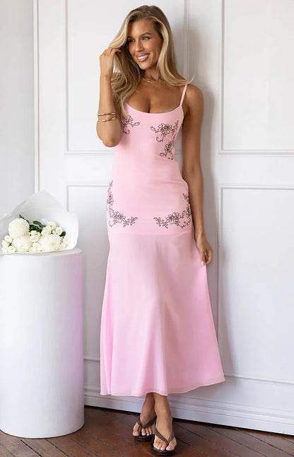 Oaklee Light Pink Embroidered Midi Dress