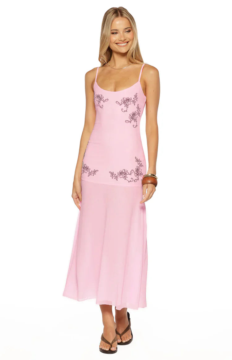 Oaklee Light Pink Embroidered Midi Dress