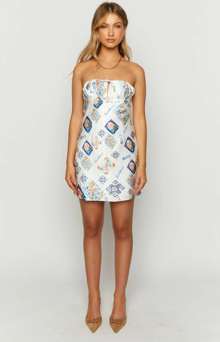 Orion White Italia Print Strapless Mini Dress