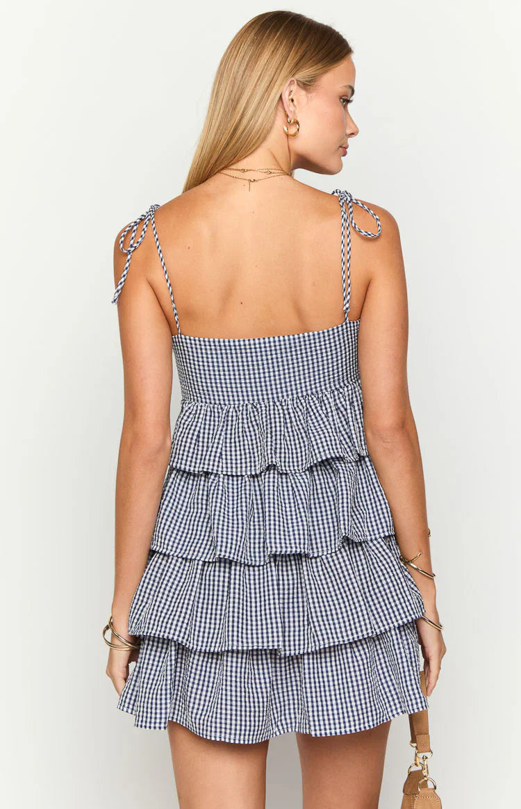 Paolo Navy Gingham Ruffle Mini Dress