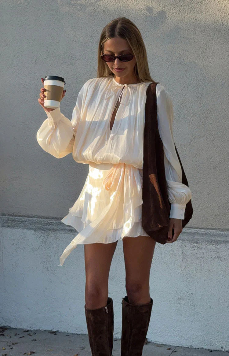 Quinton Pearl Satin Long Sleeve Tie Mini Dress