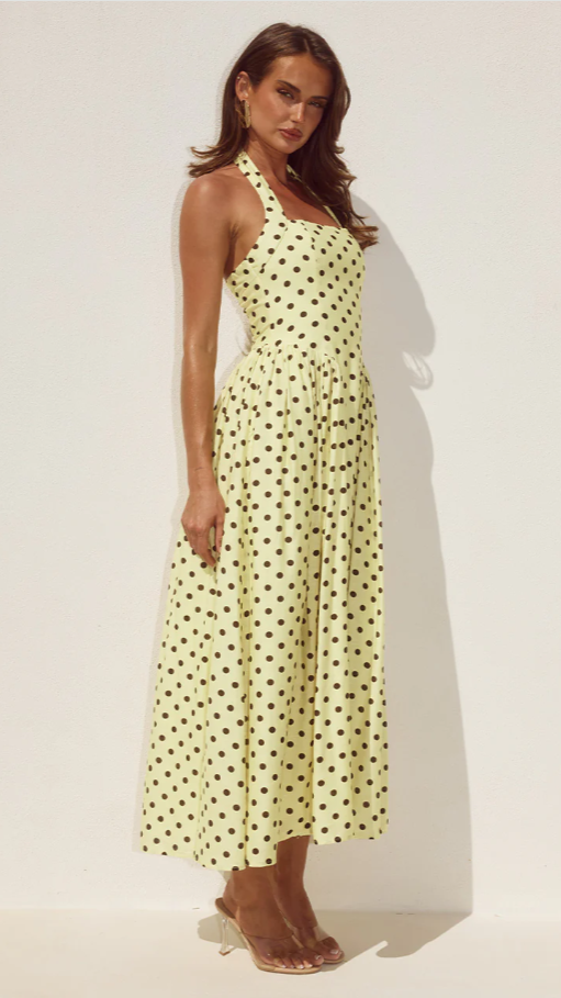 Sammi Halter Midi Dress - Lemon/Choc Polka