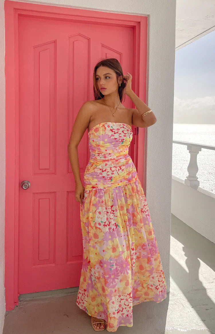 Sinclair Yellow Floral Print Strapless Maxi Dress