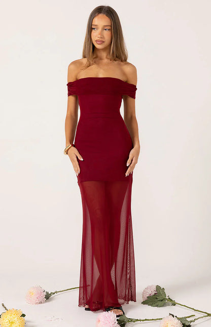 Tabitha Wine Off Shoulder Mesh Maxi Dress