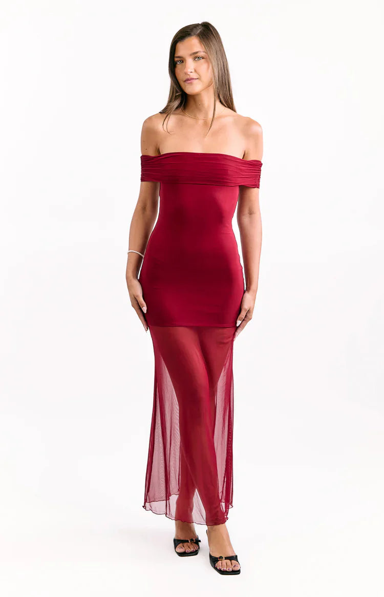 Tabitha Wine Off Shoulder Mesh Maxi Dress
