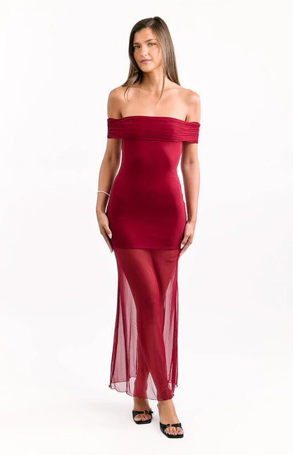 Tabitha Wine Off Shoulder Mesh Maxi Dress