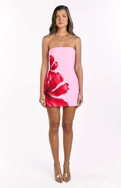 Temmie Pink Hibiscus Print Strapless Mini Dress