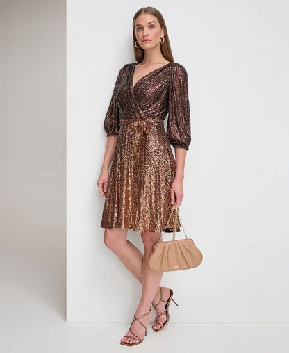 DKNY Women's Long Sleeve Ombre Faux Wrap Sequin Dress