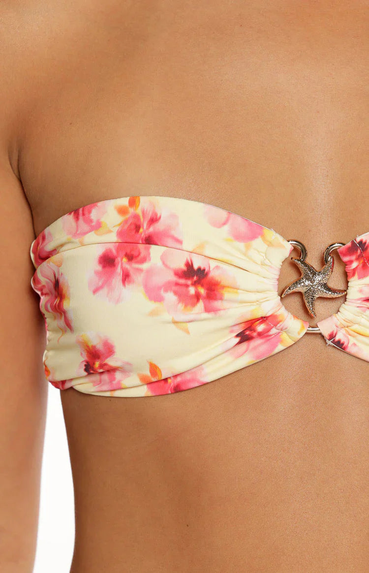 Aquelle Yellow and Pink Floral Print Strapless Bikini Top