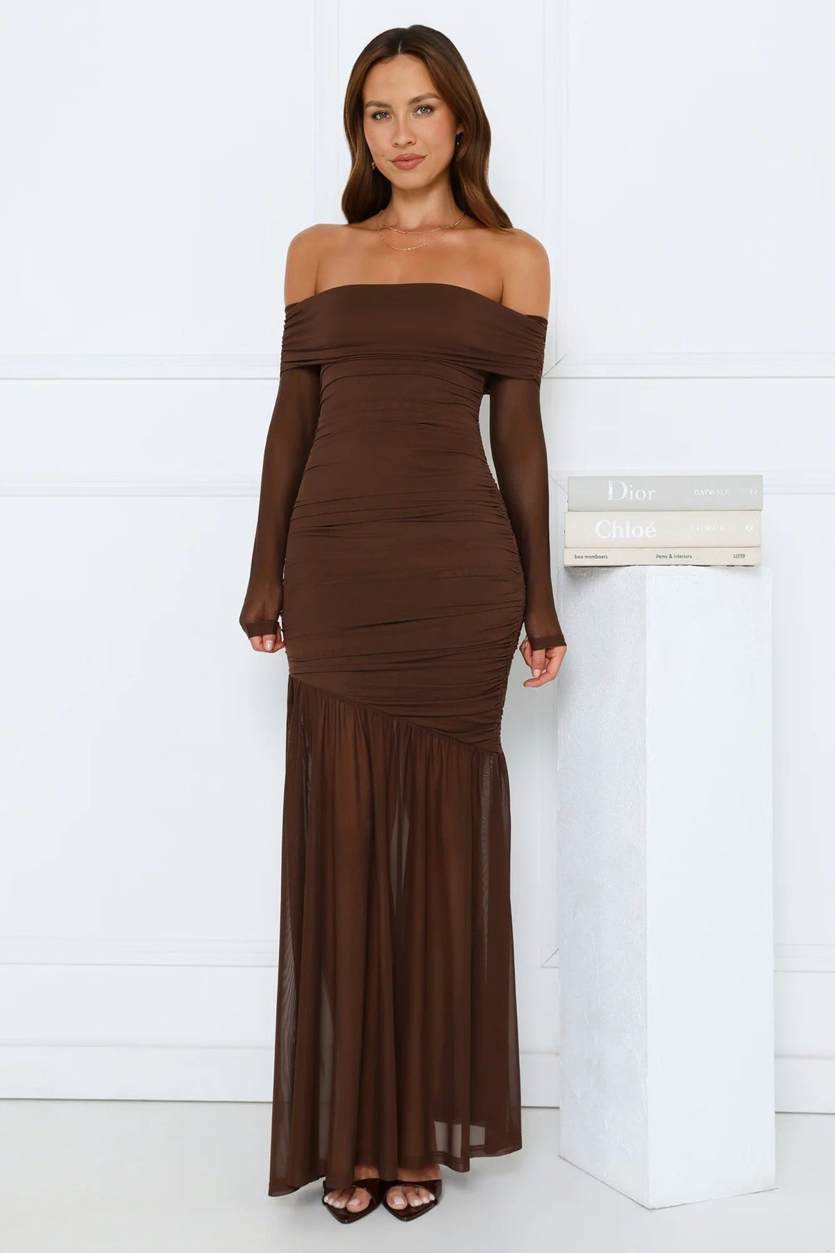 Velour Allure Off Shoulder Maxi Dress Brown