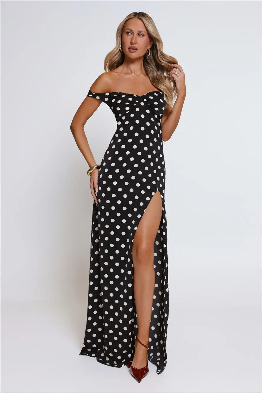 Trending Live Off Shoulder Polka Dot Maxi Dress Black